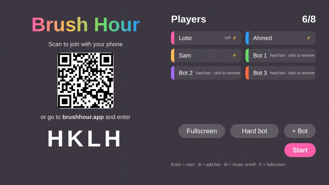 The lobby on the big screen with a QR code, the room code and six players